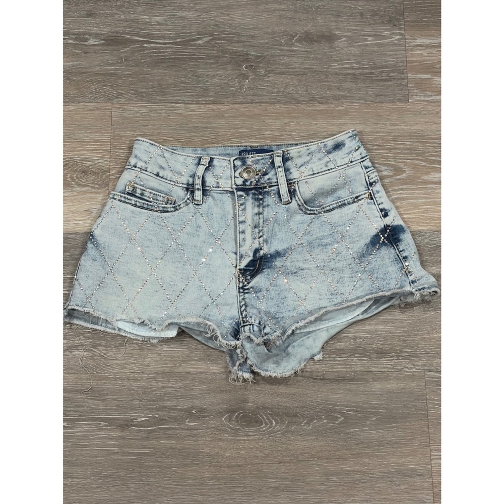 Project Indigo Acid Wash Rhinestone Diamond Denim Shorts Blue Size 0
